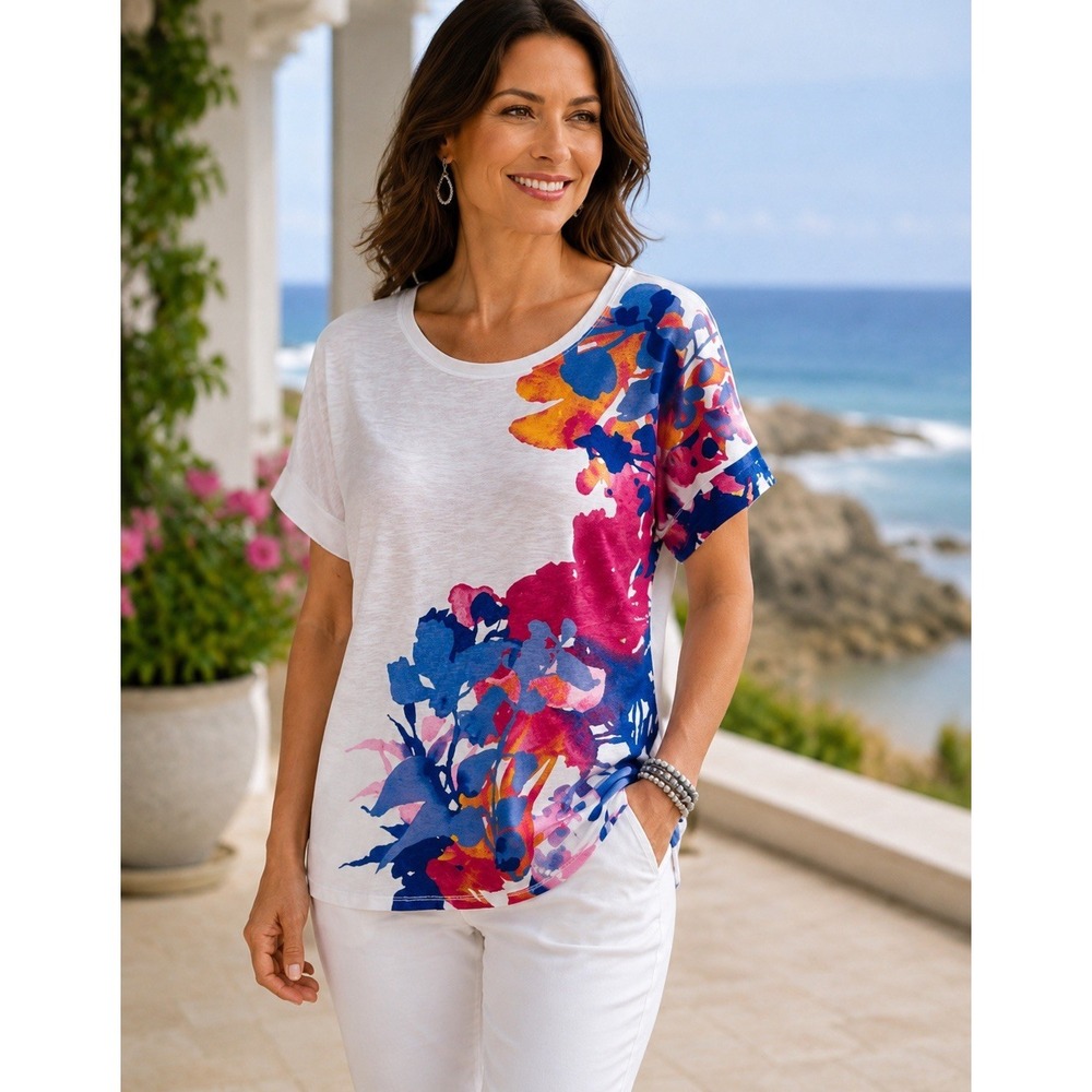 Chicos‎ Floral Watercolor (L) Scoop neck-Soft Top-Stretch Casual Resort Vacation